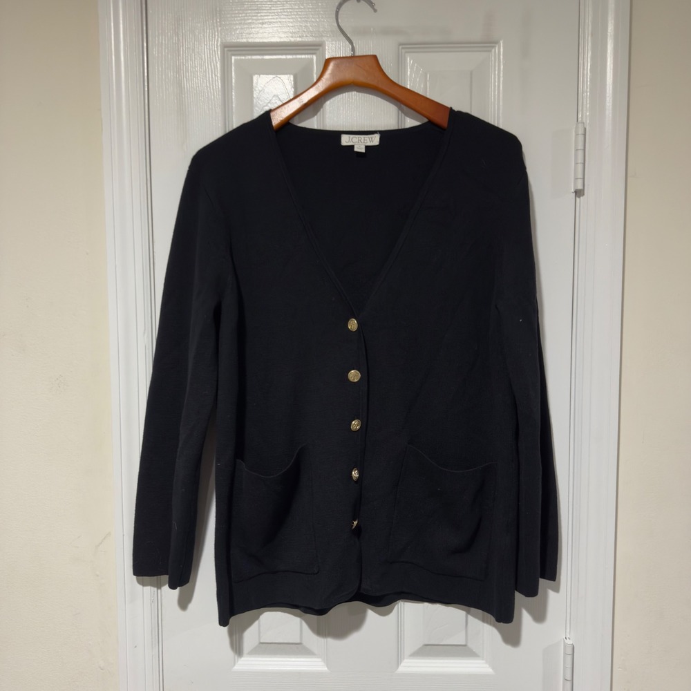 J.Crew Black Merino Wool Blend Cardigan Medium Gold Anchor Buttons Pockets